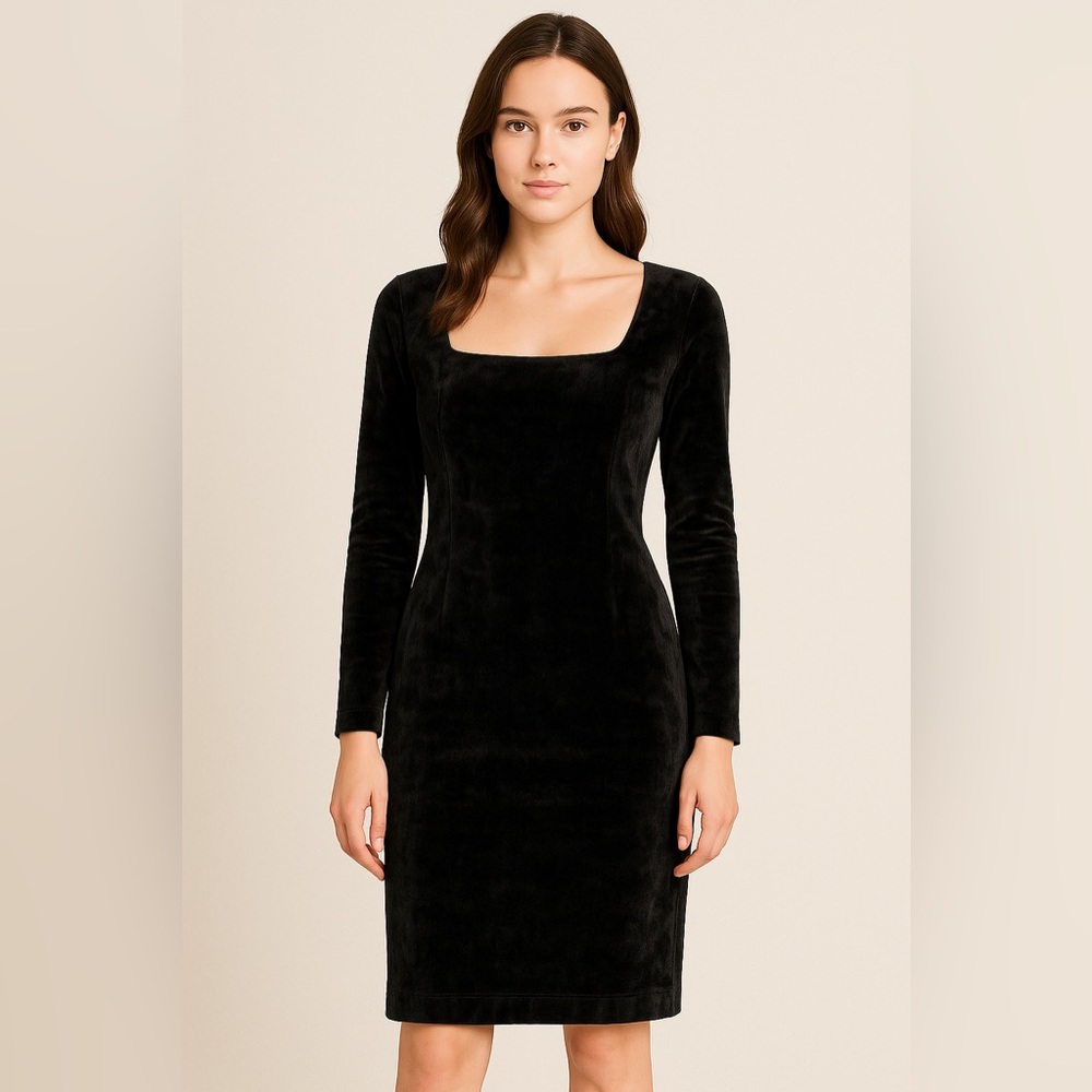 Moschino Jean Black Velvet Bodycon Mini Long Sleeve Dress, Elegant square neck.